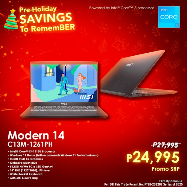MSI Modern 14 equipped with Intel Core i3-1215U processor with 8GB DDR4 RAM and 512GB NVMe PCIe Gen4x4 SSD storage